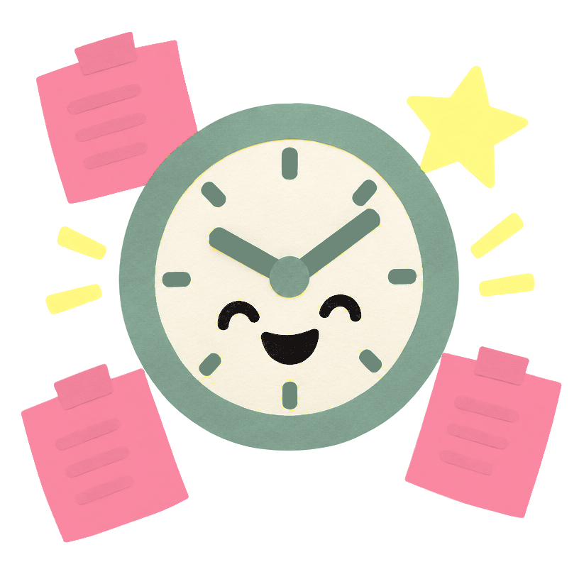 A cheerful clock surrounded by small jobs